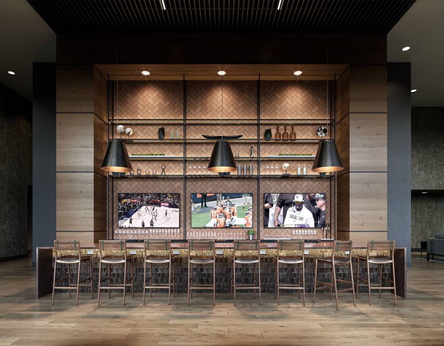 Solana Central Park bar and event space with beautiful wood finishes and high ceilings