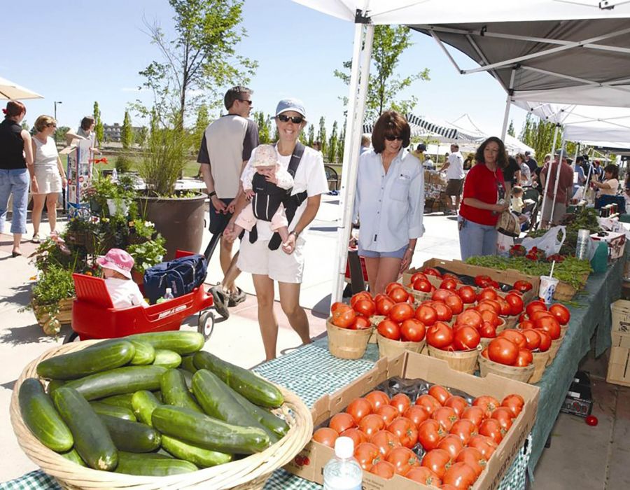 Woman and baby strolling through summertime farmer's market with fresh produce