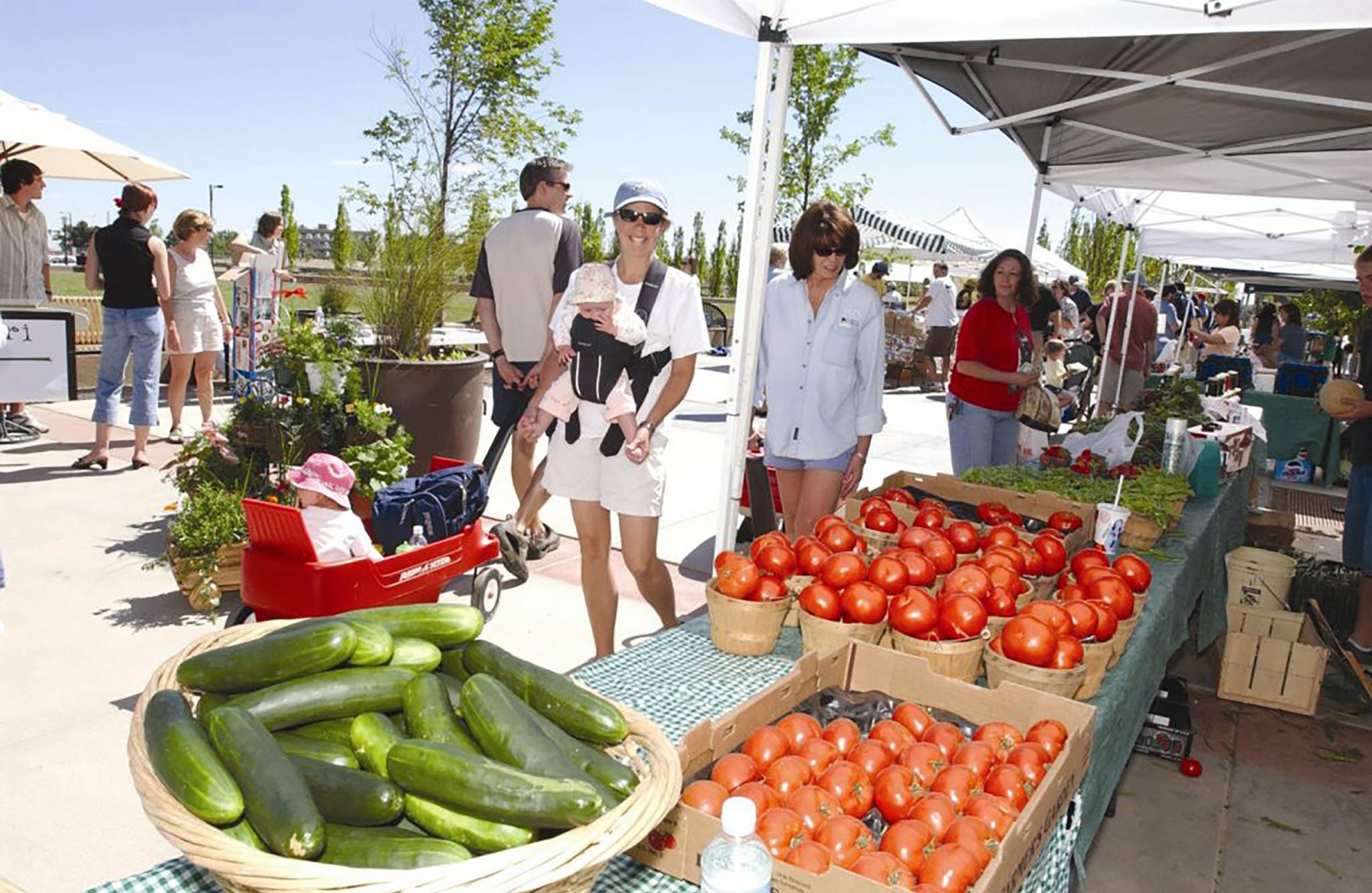 Woman and baby strolling through a summertime farmer's market with fresh produce 