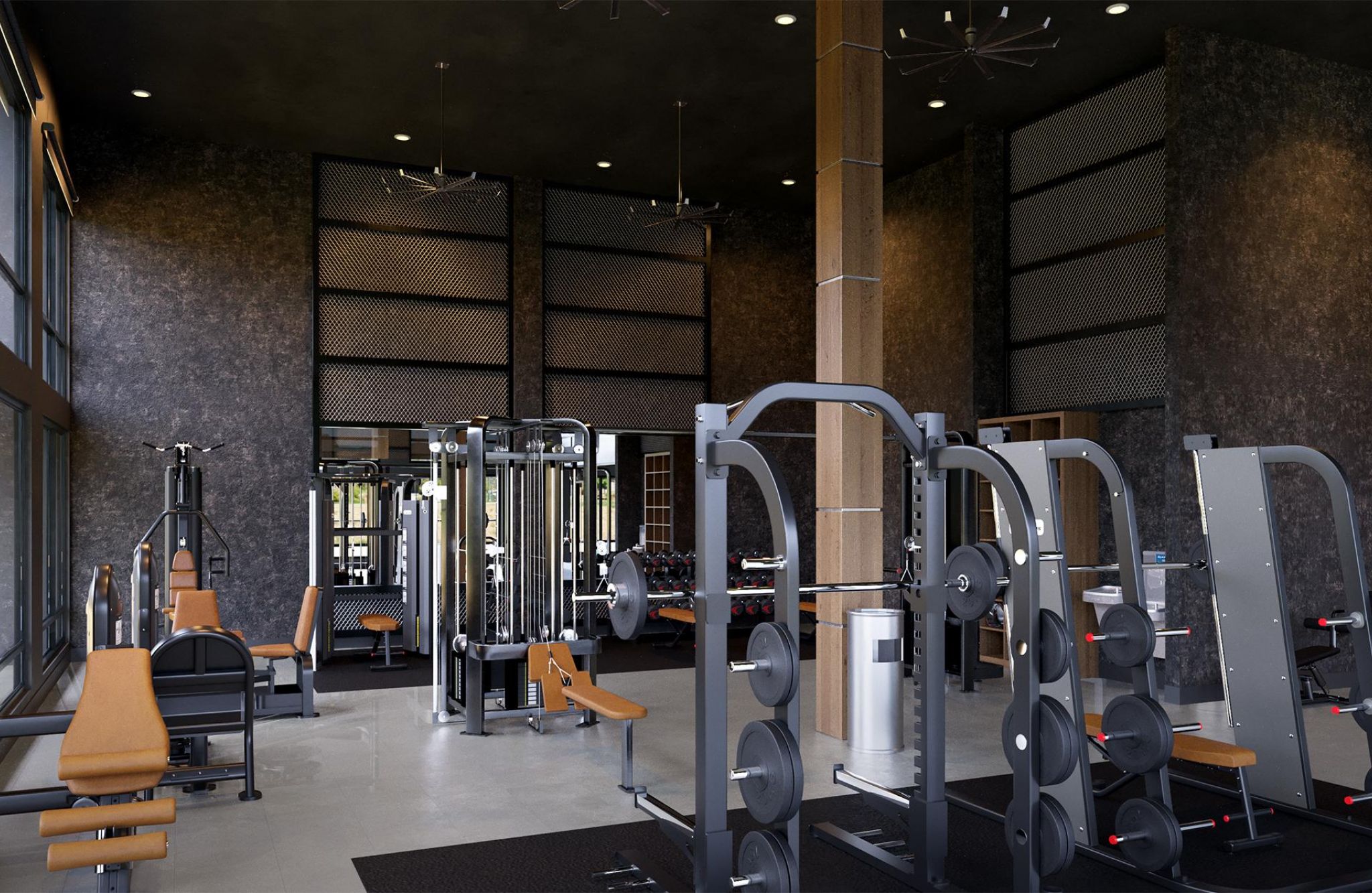 Fully equipped fitness center at Solana Central Park with multiple exercise machines and a modern design.