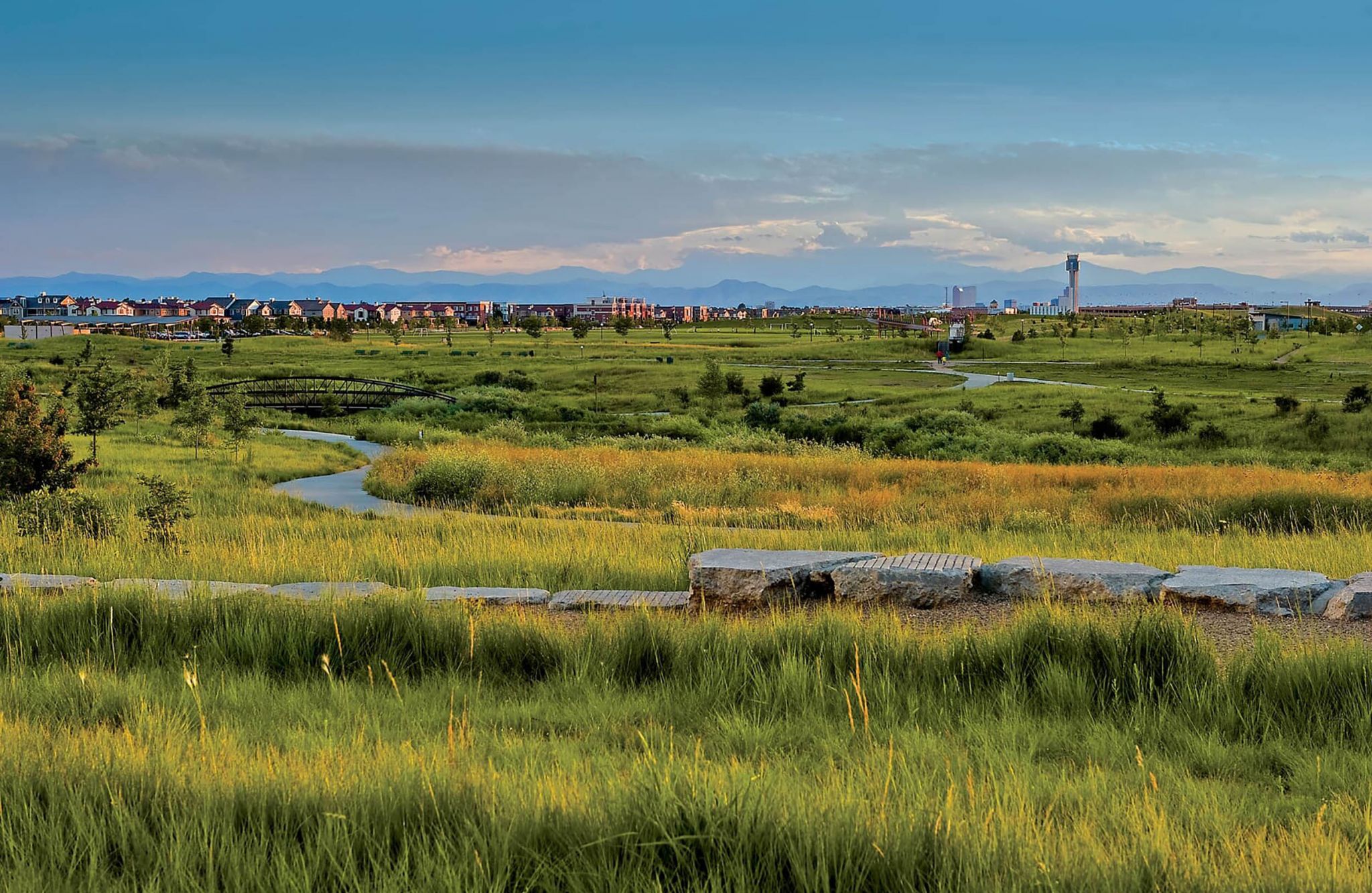 Trails through natural grasslands with residential community and Rocky Mountains in the background
