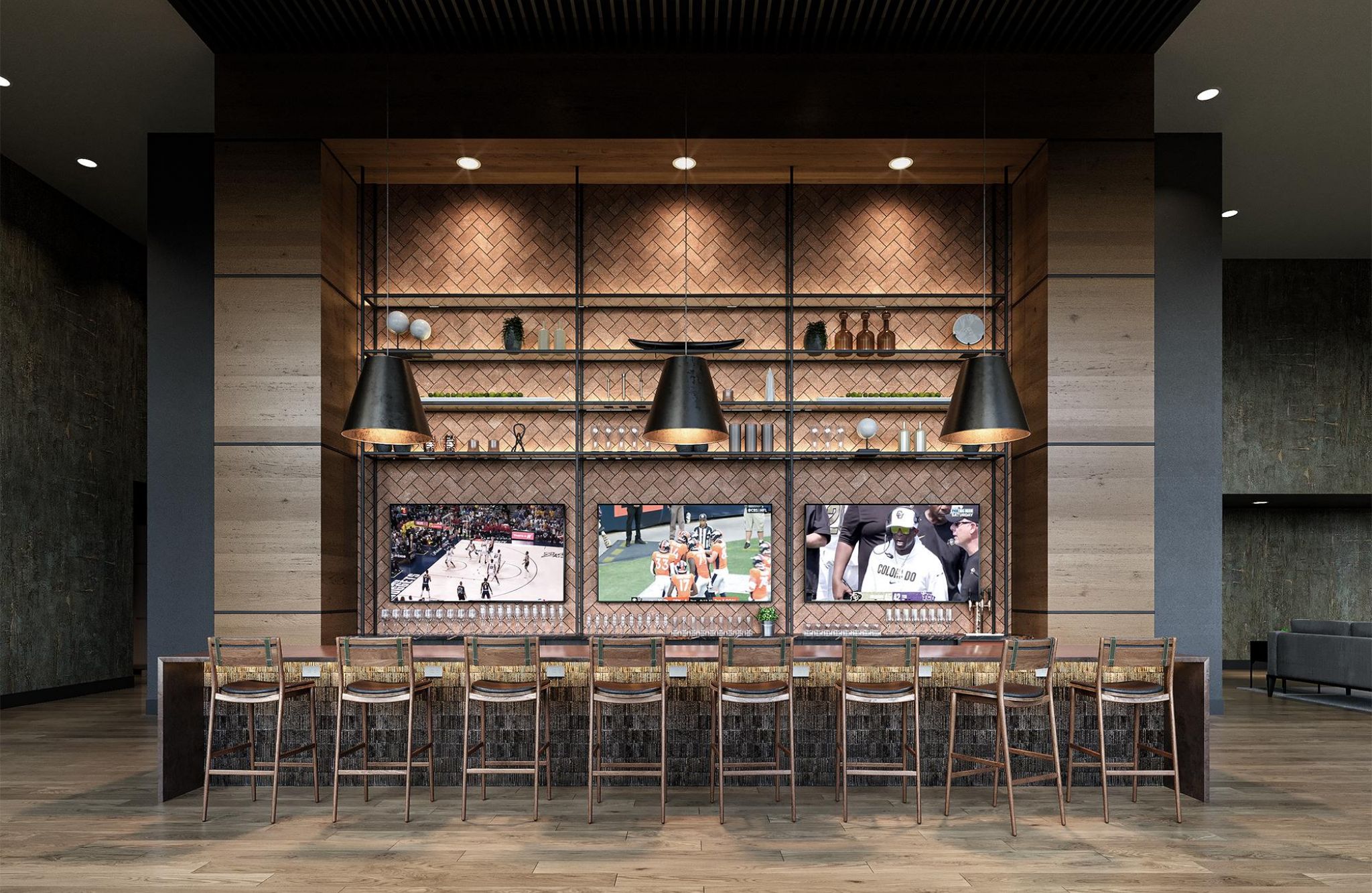 An upscale bar at Solana Central Park with a large shelving unit displaying assorted bottles and multiple televisions showing various sports.