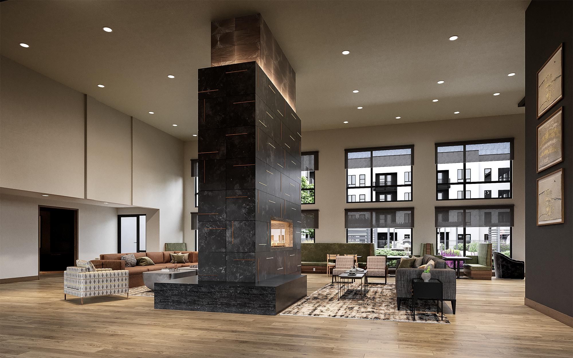 Community space at Solana Central Park with varied seating arrangements and a central feature fireplace.