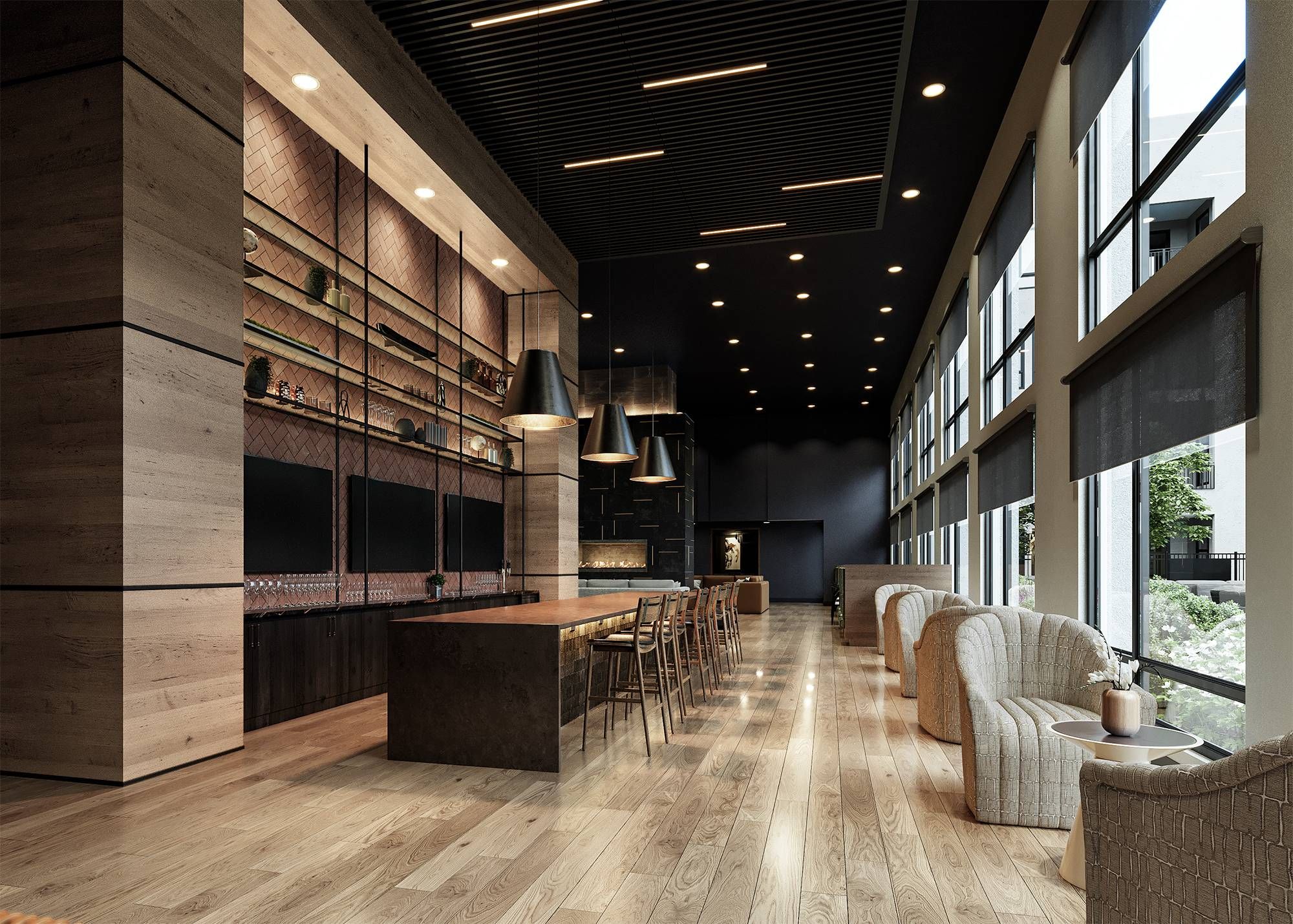Solana Central Park rendering of bar and event space with high ceilings and beautiful finishes